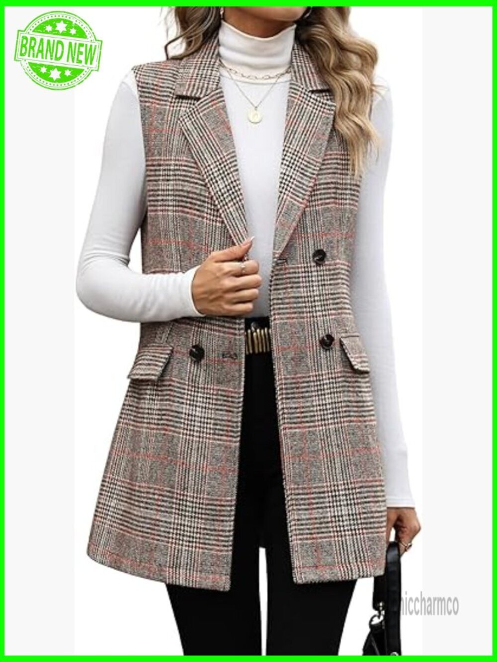 Long Plaid Sleeveless Vest Jacket Double Breasted Blazer Coat with Pockets